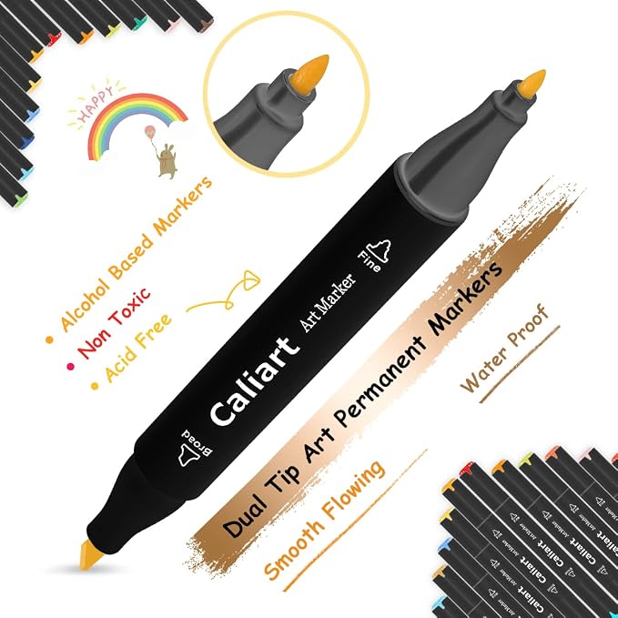 Caliart 100 Colors Alcohol Markers Dual Tip Art Markers for Adult Coloring | Fine & Chisel Tip Permanent Sketch Pens with Storage Case & Bleed-prevention Sheet for Beginners Artists Drawing Illustration
