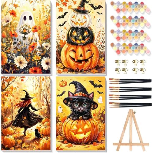 4 Pack Halloween Framed Paint by Numbers Kit for Adults Beginners 8x12 inch | Halloween Adult Paint by Number Kits on Canvas with Frame - Wooden Easel, DIY Acrylic Oil Painting Kits for Gift Home Decor