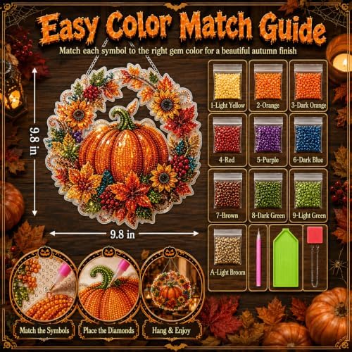 Autumn Harvest Pumpkin Diamond Art Hanging Ornament Kit, Halloween Diamond Art Hanging Kits, DIY Diamond Art Hanging Sign, Acrylic Diamond Painting Window Hanging Decor for Home, Garden,Porch,Mantel