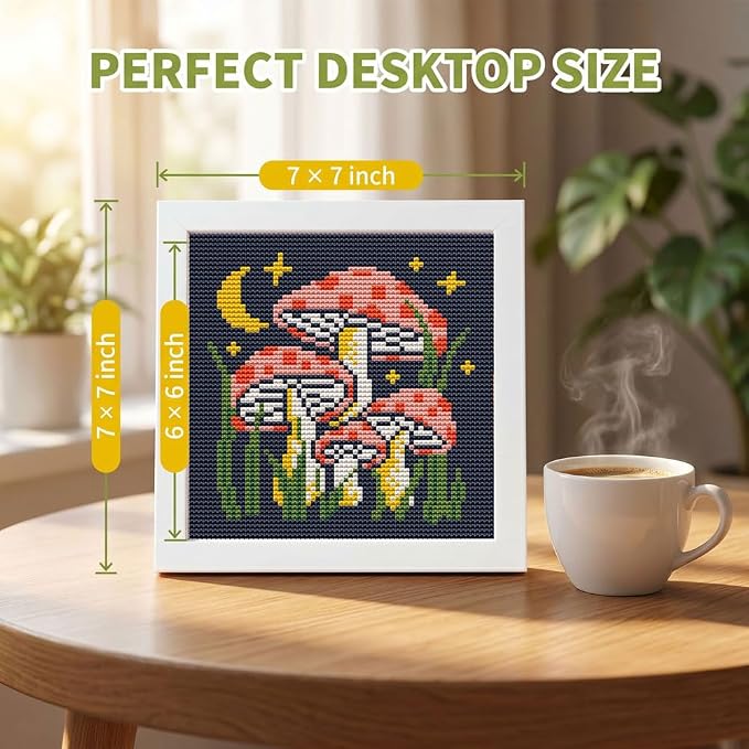 Mushroom Stamped Cross Stitch Kits for Beginners Adults with Framed | Mushroom Moon Star Needlepoint Counted Cross Stitch Kits for Beginners Adults Embroidery Kits Arts and Crafts 6x6 inch