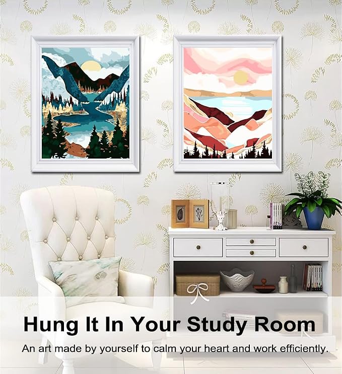 BAISITE Paint by Numbers Kit for Adults Beginners,12" Wx16 L 2 Pack Canvas for Painting Kits for Adults in Colorful Box-Sunset Lake Mountains 1112-DIY Frame