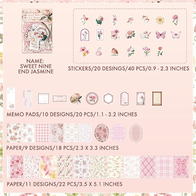 Scrapbook Supplies Kit – 100Pcs Vintage Floral Scrapbook Paper & Junk Journal Stickers, Journaling Supplies for Bullet Journaling, Retro Crafts, Mixed Media, Planner, Collage Card Album (Pink)