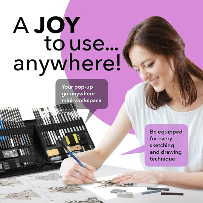 Castle Art Supplies 60 Piece Drawing, Sketching and Charcoal Set for Adults | Graphite, charcoal, pastel, water-soluble pencils, sticks, and fineliners - carry-anywhere zip case, professional quality