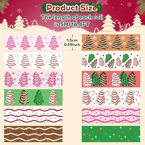 Christmas Tree Washi Tape - 12Pcs Sweet Dessert Gingerbread Scrapbook Washi Colored Masking Decorative Tape Set School Office Teacher Gift Wrapping Diy Craft Scrapbooking Journal Art Supplies