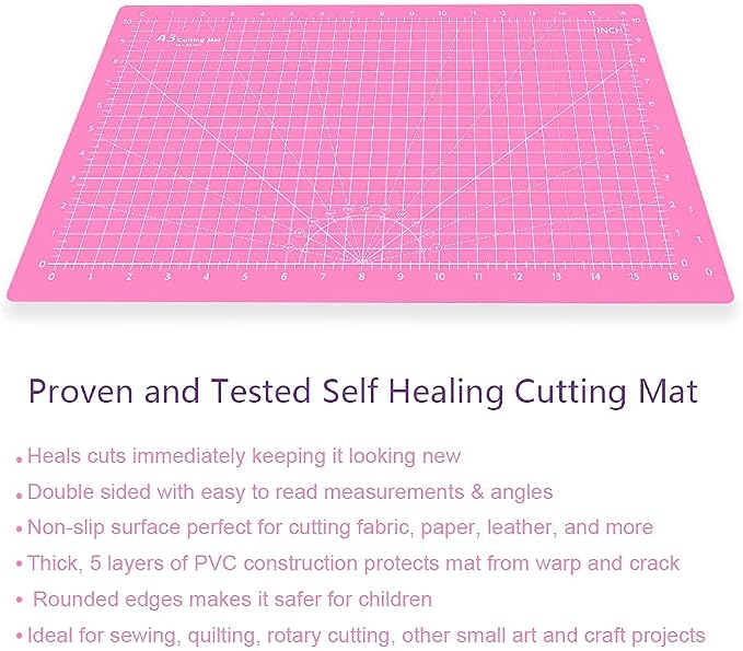 Headley Tools 18"x12" Thickened Self Healing Cutting Mat, A3 Rotary Cutting Sewing Mat for Crafts, Double Sided 5-Ply Table Cutting Board for Fabric Quilting Art Hobby Project, Pink/Purple
