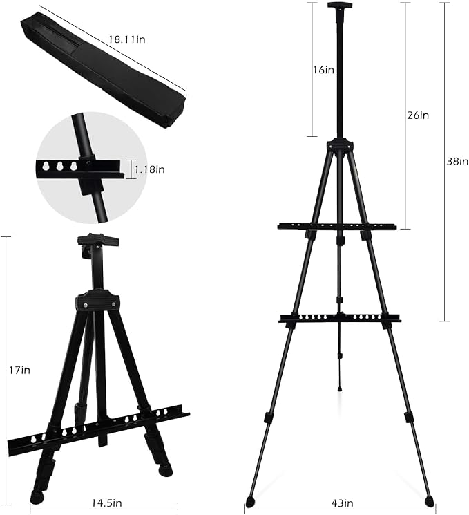NS JYMB Easel Stand for Sign and Painting, 17-66 Inch Adjustable, Black | Portable metal tripod easel for display stand, canvas holder, floor, poster board, wedding signs and travel use