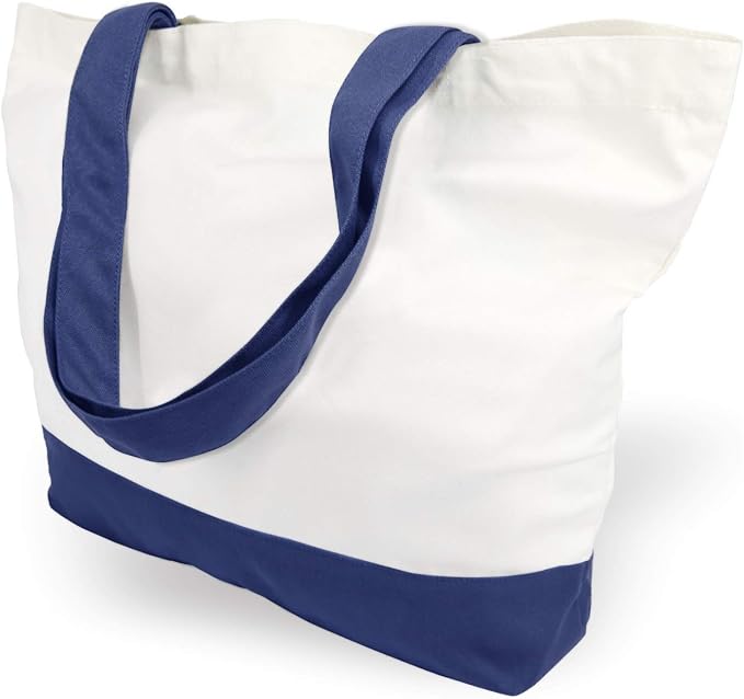 TOPDesign 12-Pack Super Strong Large 12oz Cotton Canvas Tote Bag, Reusable Grocery Shopping Cloth Bag, Fashionable Two-Tone Tote for Crafts, DIY Your Creative Designs (Blue/White)