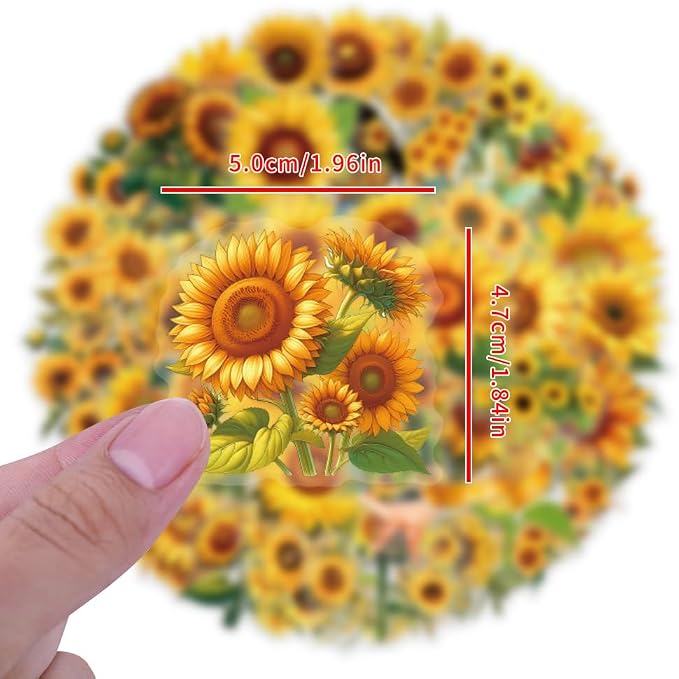 60Pcs Sunflower Stickers,Transparent Sunflower PET Sticker | Colorful Waterproof for Laptop,Guitar, Phone,Water Bottles,Stationery, Luggage Scrapbooking, Water Bottlesr Refrigerator