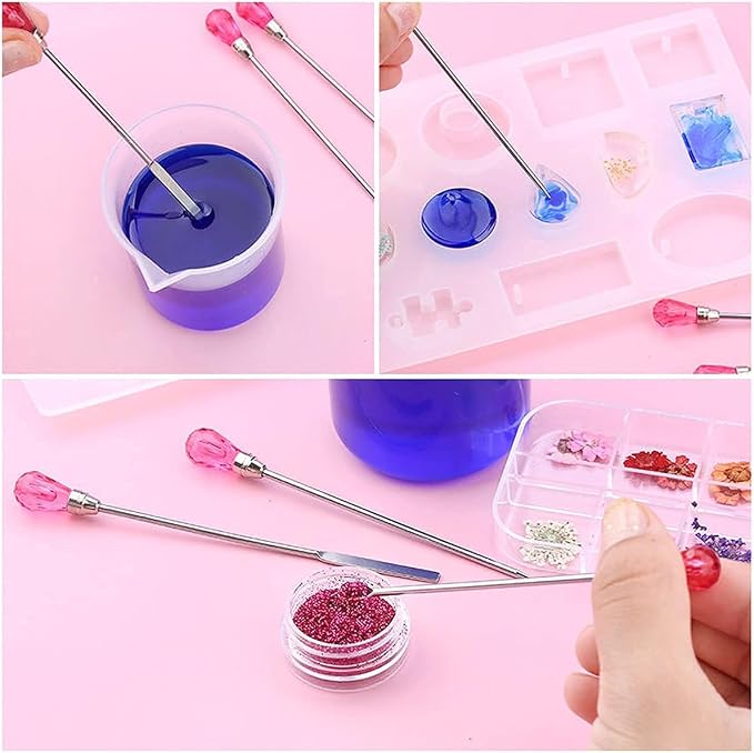 11 Pcs Silicone Resin Mold Tools Set Stirring Needle Spoon Tool Tweezers Precision Kit, Anti-Static Electronics Tweezers Set for Resin Art Crafts,Jewelry Making,DIY Epoxy Casting Molds-Rose Red & Cyan