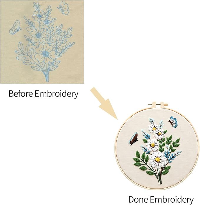 CHIYOSING Embroidery Kit for Beginners Adults, 3 Floral Pattern to Learn Over 30 Different Stitches,Includes Step-By-Step Instructions,Sharp Scissors and 2 Exquisite Hairpins and Multiple Accessories