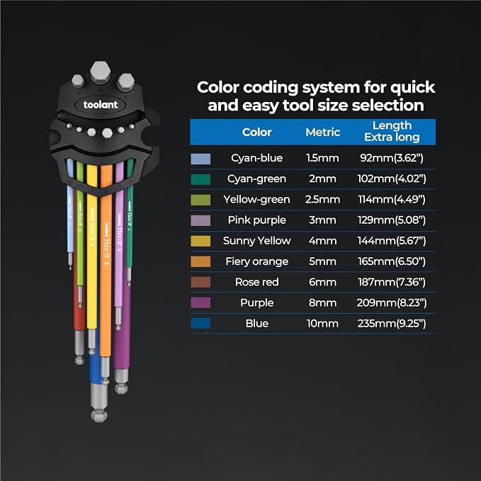 toolant Metric Allen Wrenches Sets 9pcs, Extra Long Arm Allen Key Set with Ball End, Crafted Hex Key Set with Color Coded Sleeves, Unique Patented Holder Design for Magnetizing and Demagnetizing