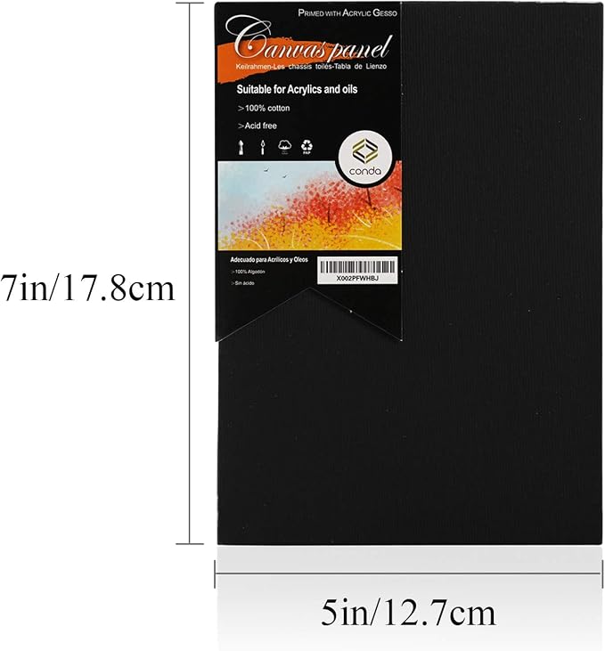 CONDA Black Canvas Panels 5x7 inch, Pack of 14, 100% Cotton Acid-Free, 8 oz Gesso-Primed, Art Boards for Oil & Acrylic Painting