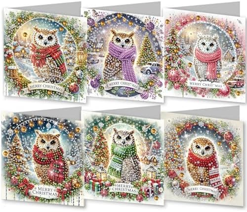 6Pcs Christmas Greeting Card DIY Diamond Art Painting Greeting Cards Blessing Folding Card Kit with White Envelopes Diamond Arts Crafts for Birthday Festival Gift-Owl