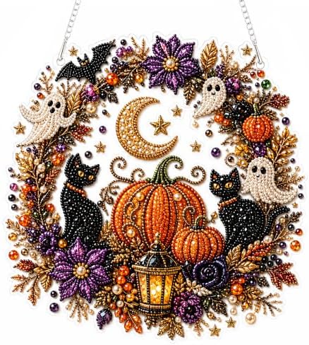 Halloween Diamond Art Hanging Kits for Adults Beginners, DIY Acrylic 5D Special Shaped Crystal Diamond Gem Art Painting for Window Pendants Home Garden Wall Hanging Kits Hanging Ornament (Style D)