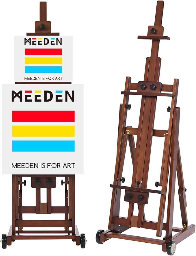MEEDEN Studio H-Frame Easel -Adjustable Beech Wood Studio Art Easel, Painting Floor Easel Stand, Movable and Tilting Flat Available, Holds Canvas Art up to 77",Classic Walnut