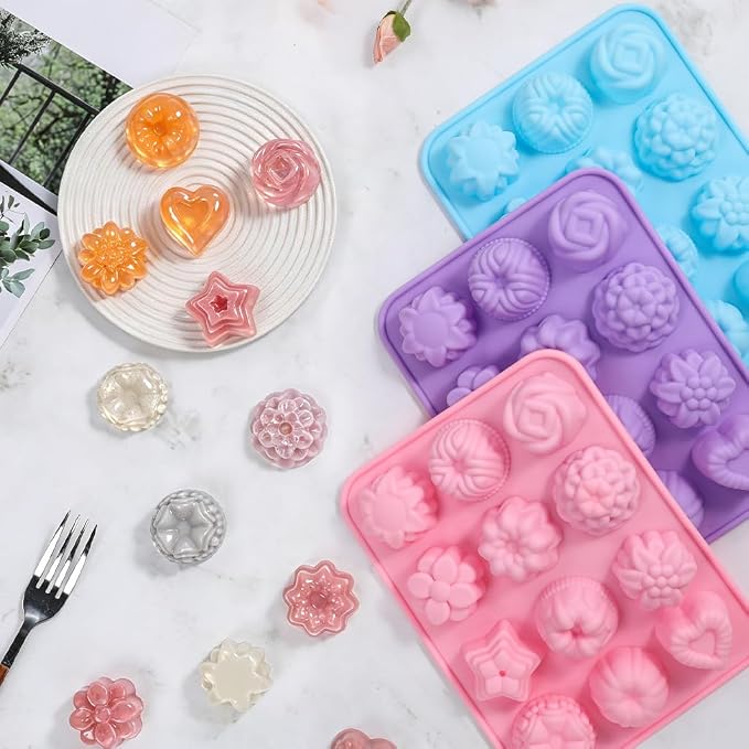 SJ Flower Silicone Mold Set, 3-Pack 12-Cavity Soap & Craft Molds | For Crafts, Plaster, Soap, Wax Melts & Bath Bombs, Food Grade Silicone, Easy Release, Reusable