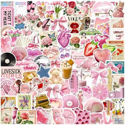 DothRayan 100pcs Vintage Pink Girls Stickers, Y2K Coquette Pink Aesthetic Waterproof Stickers for Water Bottles,Laptop Scrapbook Computer Phone Guitar Aesthetic Decals