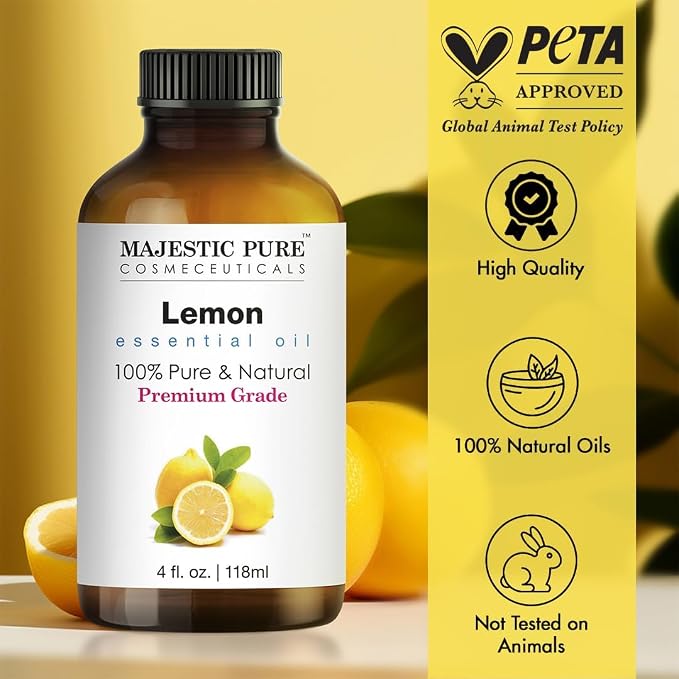 Majestic Pure Lemon Essential Oil for Diffuser - 4 Fl Oz | 100% Pure & Natural Essential Oils Ideal for Aromatherapy, Massage, Soap and Candle Making, Massage, Lemon Oil