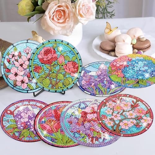 8 Pcs Diamond Art Coaster Kit for Adult with Holder, Diamond Coasters 4x4in