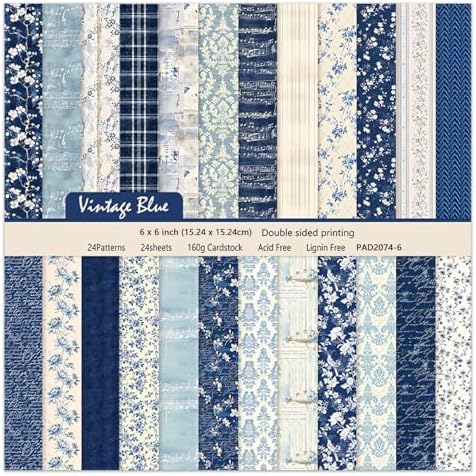 6 Inch Blue Floral Aesthetic Scrapbooking Paper Pad - 24 Sheets Double Sided Patterns for Background Photos Junk Journal Card Making Origami DIY Crafts Gifts Wrapping Material