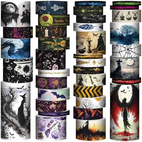 MPOPUUL Washi Tape Set 37 Rolls - Witches Theme Colored Decorative Adhesive Tape for Journaling, Vintage Artists Tape for Junk Journaling Supplies, Scrapbooking, DIY Crafts, Gift Wrapping, Planner