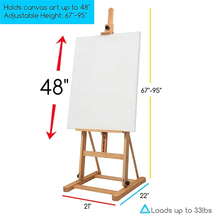 MEEDEN Classic Art Easel for Painting: Solid Beech Wood H‑Frame Easel | Heavy Duty Floor Easel - Adjustable 67"-95" - Holds Canvases up to 48" - for Artists & Adults