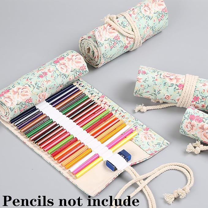 DIYOMR 24/36/72 Slots Pencil Wrap Pencil Rolls, Artist Colored Pencils Roll Up Bag Short Brushes Pouch Case Pencils Organizer for Drawing Coloring and Sketching,No Pencils (Small Floral, 36slots)
