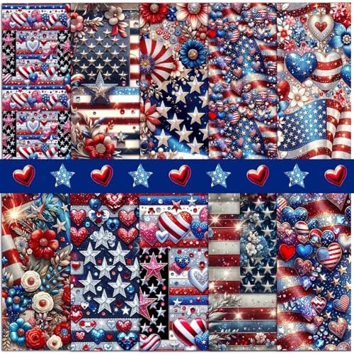 HunnmingRe 20 Pcs 10x10'' Patriotic Quilting Fabric Square 4th of July Precut Fabric Bundle American USA Flag Red White Blue Patchwork Material for Memorial Day Sewing DIY Craft 250 Anniversary