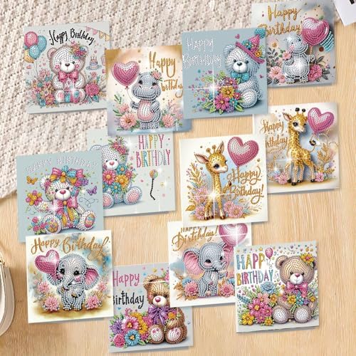 Diamond Art Painting Birthday Cards 12 Pack Cute Animal DIY Craft
