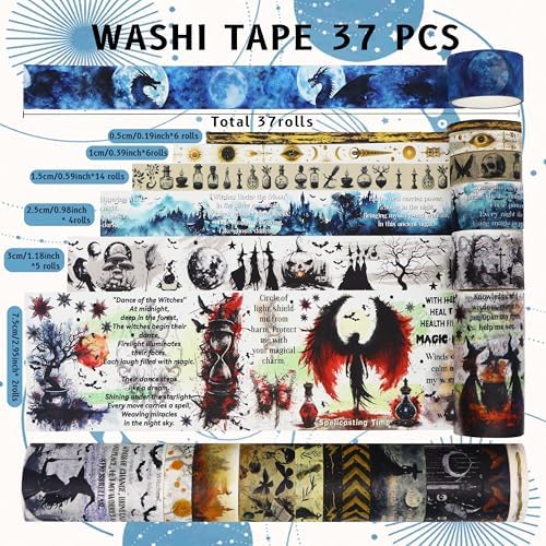 MPOPUUL Washi Tape Set 37 Rolls - Witches Theme Colored Decorative Adhesive Tape for Journaling, Vintage Artists Tape for Junk Journaling Supplies, Scrapbooking, DIY Crafts, Gift Wrapping, Planner