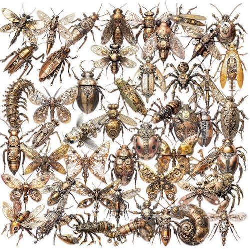 50 Pcs Steampunk Insect Stickers for Scrapbooking – Vintage Mechanical Bug Decals with Gears & Clockwork, Clear Waterproof Aesthetic Stickers for Journaling, Water Bottle, DIY Crafts