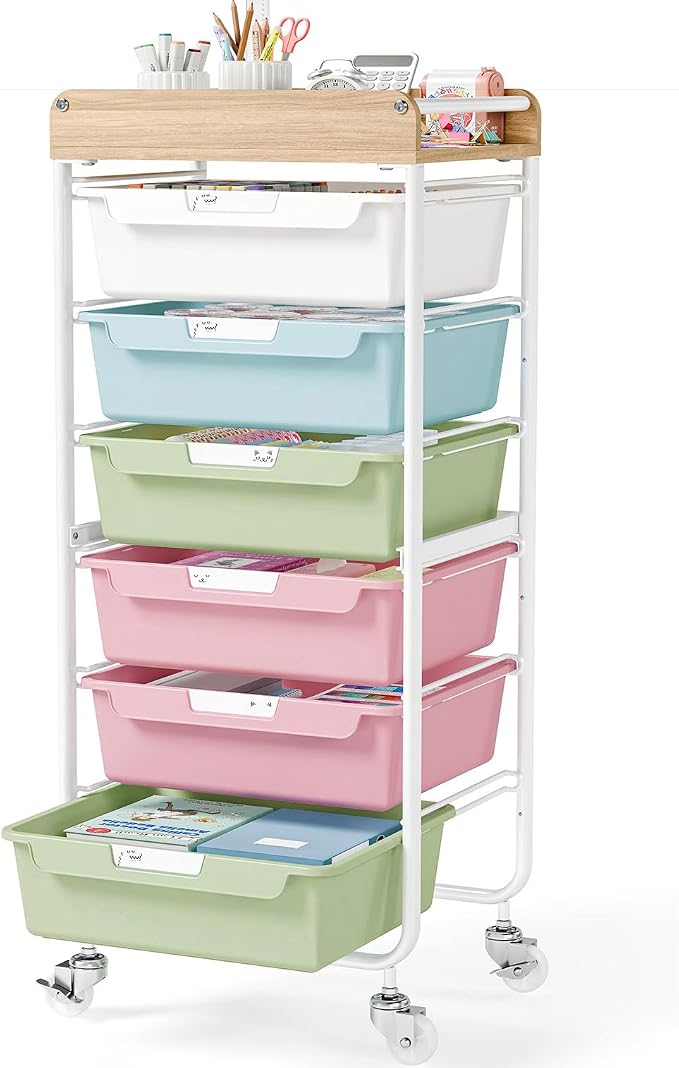 SYKIARIOL 6 Drawer Rolling Cart for Craft Storage,Utility Cart,Colourful | Organizer with Handle and Wooden Top,Storage on wheels for Office,Classroom,Laundry,Garage,Snack,Art Supply