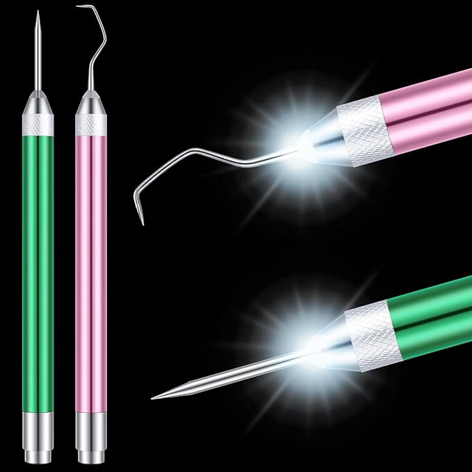 Therwen 2 Pcs LED Vinyl Weeding Pen Tools with Hook Tips, Pink, Green | Built-in LED Light, Tiny Vinyl Detail Removal, for Heat Transfer, Compatible with Silhouette Machines