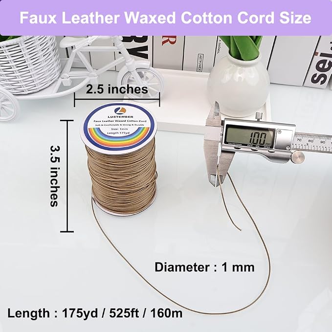 LUSTEMBER 1mm Faux Leather Waxed Cotton Cord, 175 Yards – Durable Necklace String, Soft and Textured Cord for Necklaces, Bracelets, and Jewelry Making