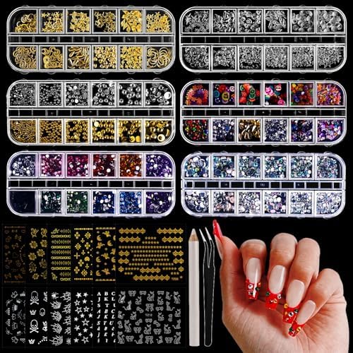 JODSONE Rhinestone Picker Tool,Nail Charms,Nail Rhinestones Kit with 6 Boxes of Rhinestones,12 Nail Stickers in 2 Colors Multi Shape Pearls Jewels Crystals with Nails Art Tools