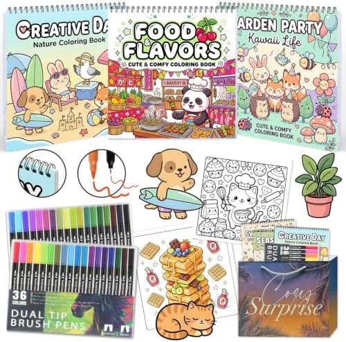 3Pack Adult Coloring Books with Markers, Spiral Bound Stress Relief Art Kit