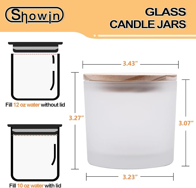 SHOWIN 12 OZ Thick Candle Jars for Making Candles 12 Pcs, Empty Jars with Wood Lids for Spice Jars, Sample Container, Frosted White