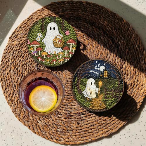 8 Pcs Halloween Diamond Art Coasters Kits, Ghost Diamond Painting Coasters