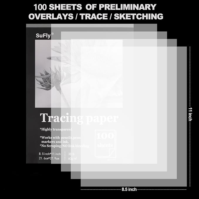 SuFly Tracing Paper Pad 8.5"x 11", Transparent Vellum Paper_100 Sheets_38Lb | Tracing Paper for Drawing, Clear Trace Paper Pad for Pencil, Marker and Ink, Made for Trace Images, Sketching and Overlays