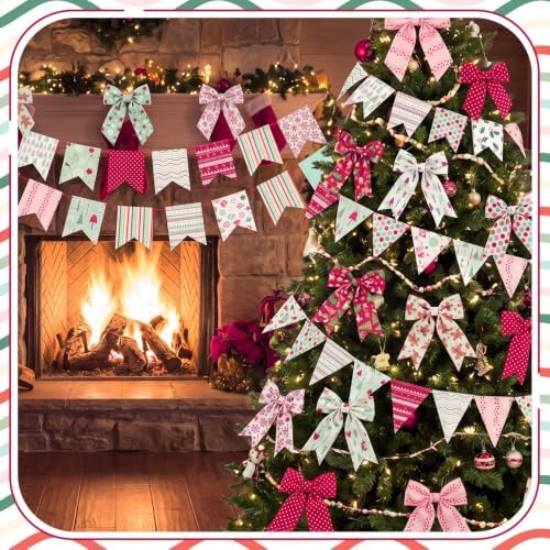 HunnmingRe 20 Pcs 10''x10'' Pastel Christmas Quilting Fabric Square Pink Green Precut Quilted Fabric Bundle Reindeer Xmas Tree Sewing Material for Winter Patchwork Scrapbook Junk Journal DIY Craft