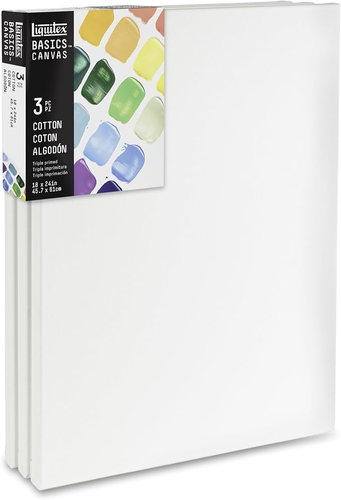 Liquitex BASICS Canvas, 3 pack, 18" x 24" | Archival, Acid-Free, Non-Toxic, Medium Texture Cotton, Pre-primed with a triple layer of acrylic gesso, Stapled & Stretched