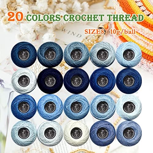 Soft 20 Colors Classic Crochet Thread 20 Pack,100% Cotton (Grey Blue-160-3750)