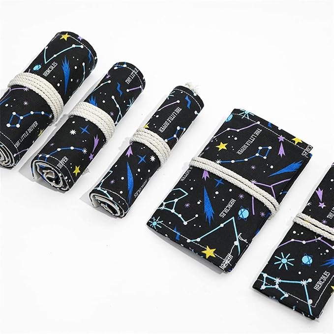 DIYOMR 12/24/36/72 Slots Pencil Wrap Pencil Rolls, Artist Colored Pencil Roll Up Bag Short Brush Pouch Case Pencils Organizer for Drawing Coloring and Sketching, No Pencils (Constellation, 12slots)