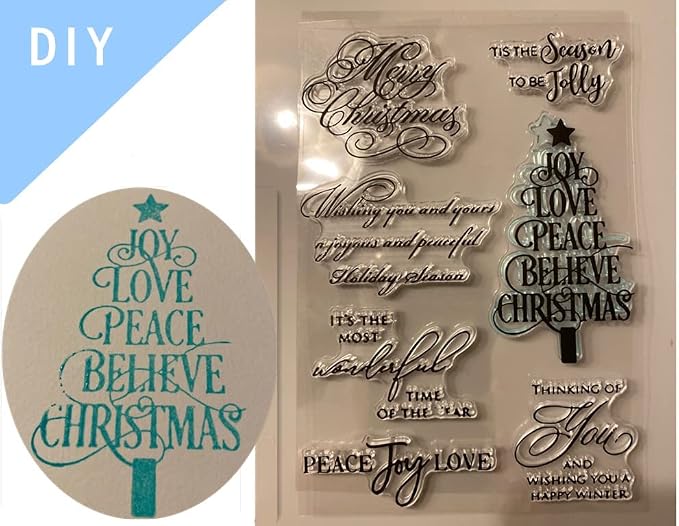 Iridescent Merry Christmas Blessing Words Clear Stamps for Card Making Decoration DIY Scrapbooking,Graceful Handwriting Tree Album Decorative Silicon Stamp Crafts