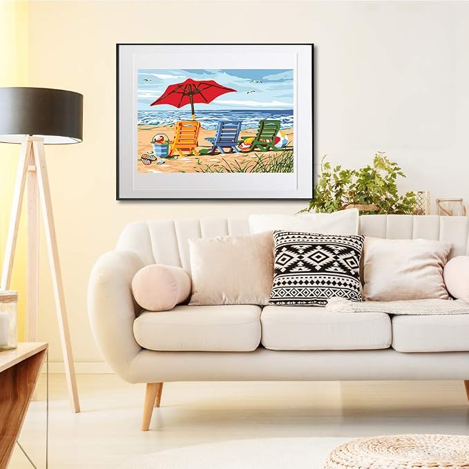 Ginkko Paint by Numbers Art Kit for Adults, 12x16 inch Beach Framed Canvas, Non-Toxic Acrylic Paints and Brushes, DIY Home Decor Gift