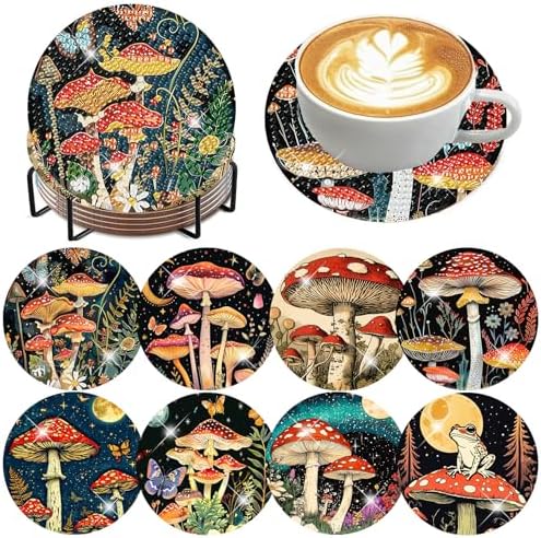 Zythron 8 Pack Diamond Art Coasters,Mushroom Diamond Painting Coasters Kits