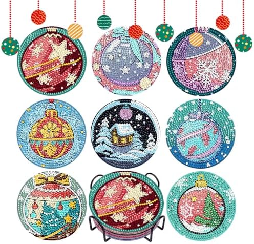 DOTSOPS 8 Pcs Diamond Art Kits for Adults Small Diamond Art Coasters with Holder,Diamond Art Painting Coasters for Adults Beginners Diamond Craft for Christmas Birthday (Christmas Ornaments)