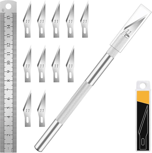 1 Pcs Craft Knife Hobby Knife with 11 Pcs Stainless Steel Blades Kit, 1pcs Steel 15MM Ruler for Art, Scrapbooking,Stencil | Precision Hobby Knife with Exacto Knife Blades, Hobby Knife Set for Art, Scrapbooking & Stencils, Silver
