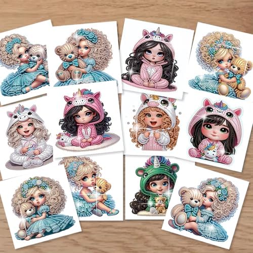 C'eitura 12Pcs Cartoon Girl Diamond Art Painting Greeting Card Kit with Envelopes, DIY Cute Theme Christmas Birthday Thanksgiving Card Making Set, Cute Style Handmade Card Craft