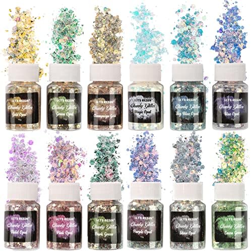 LET'S RESIN Opal Chunky Glitter for Resin, 12 * 10g Craft Glitter Powder | for Tumblers /Slime, Iridescent Chameleon Glitter Sequins Festival Decor(Each 0.35oz)